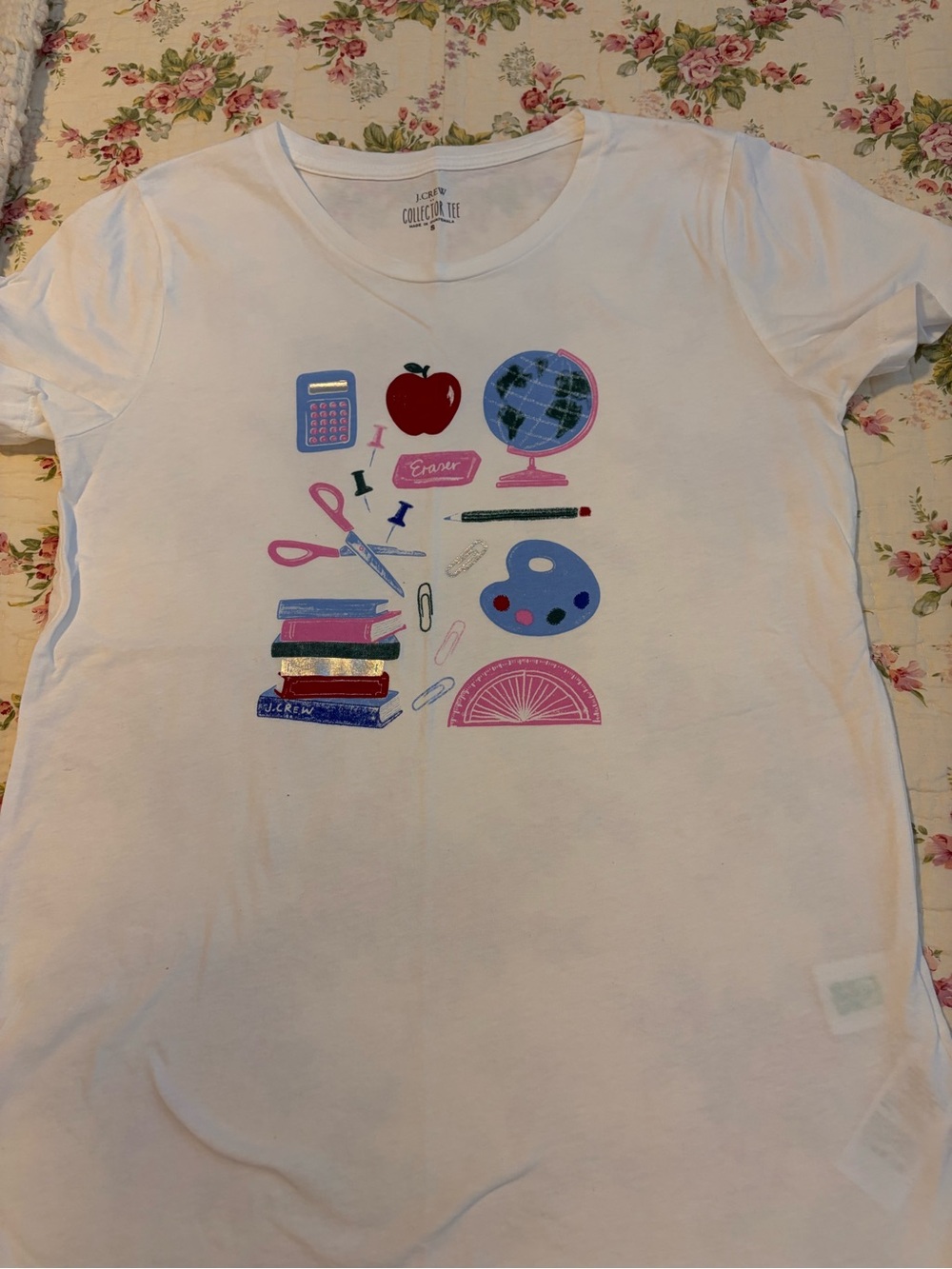 J. Crew Factory White Kids Graphic School Supplies Tee with Pink & Blue Accents